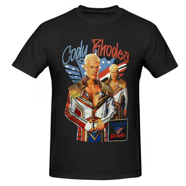 Celebrate the legacy of one of pro wrestling’s biggest icons with the Cody Rhodes “American Nightmare” Patriotic Tribute T-Shirt. This high-impact design features a double image of Cody in his iconic entrance gear, set against a backdrop of bold American flag wings and the stylized “American Nightmare” logo. The red, white, and blue theme perfectly captures Cody’s blend of tradition, patriotism, and showmanship.