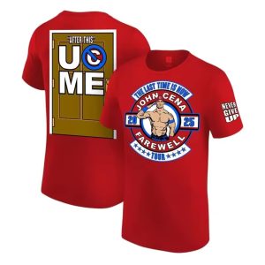 Celebrate John Cena’s final WWE run with the official 2025 Farewell Tour T-shirt. Features ‘The Last Time Is Now’ graphic, Never Give Up sleeve patch, and You Can’t See Me farewell design. Honor the legacy of WWE's 16-time world champion and polarizing icon.