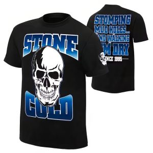Pay tribute to Stone Cold Steve Austin with this official skull t-shirt featuring his iconic catchphrase: 'Stomping Mudholes and Walking Them Dry Since 1995.' A must-have for Attitude Era fans.