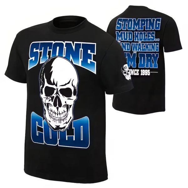 Pay tribute to Stone Cold Steve Austin with this official skull t-shirt featuring his iconic catchphrase: 'Stomping Mudholes and Walking Them Dry Since 1995.' A must-have for Attitude Era fans.