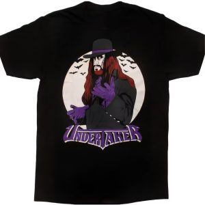 Shop this vintage WWF The Undertaker t-shirt featuring his iconic Deadman design with purple gloves. Celebrate the legendary WWE career of The Undertaker with retro wrestling merch perfect for fans and collectors.