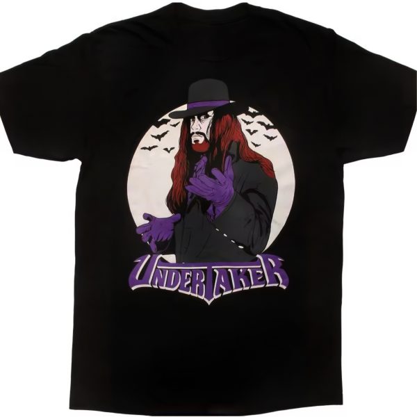 Shop this vintage WWF The Undertaker t-shirt featuring his iconic Deadman design with purple gloves. Celebrate the legendary WWE career of The Undertaker with retro wrestling merch perfect for fans and collectors.
