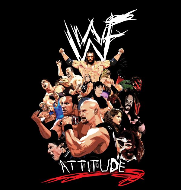 Celebrate the legendary WWE Attitude Era with this full-print tribute shirt featuring The Rock, Stone Cold Steve Austin, The Undertaker, Triple H, Chyna, and more. Limited edition and perfect for fans of the Monday Night Wars.